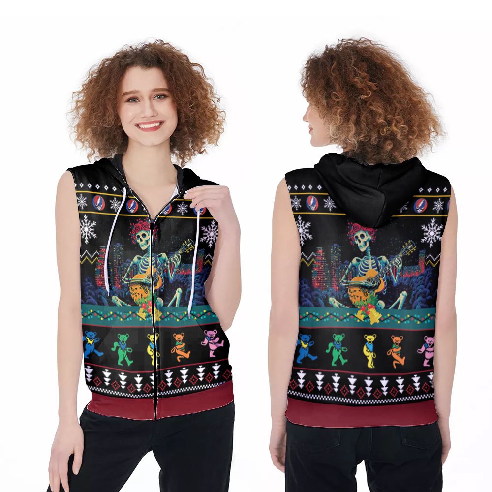 Grateful Dead Skull Skeleton Play Guitar Christmas 3D Printed Gift For Grateful Dead Fan Zip Sleeveless Hoodie