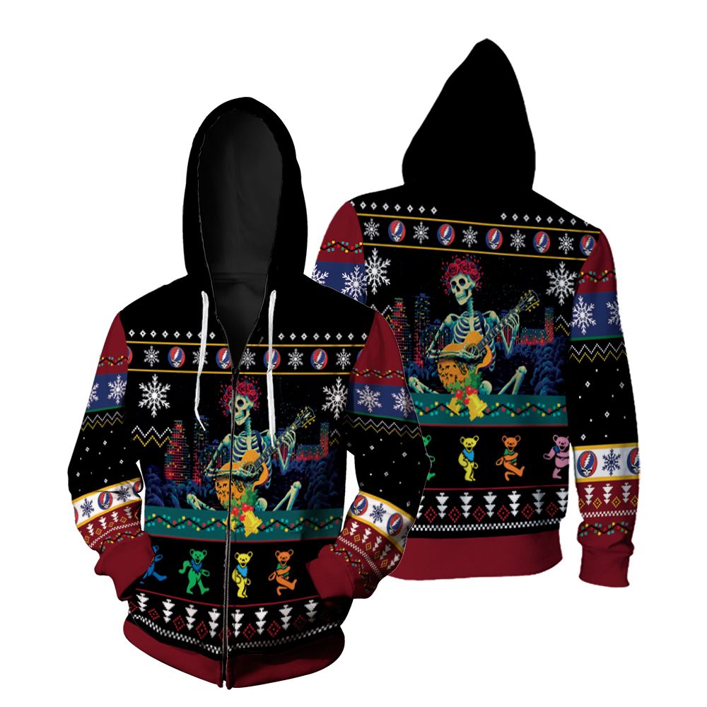Grateful Dead Skull Skeleton Play Guitar Christmas Zip Hoodie