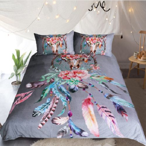 Gray Feathers Skulls Print Duvet Cover Bedding Set