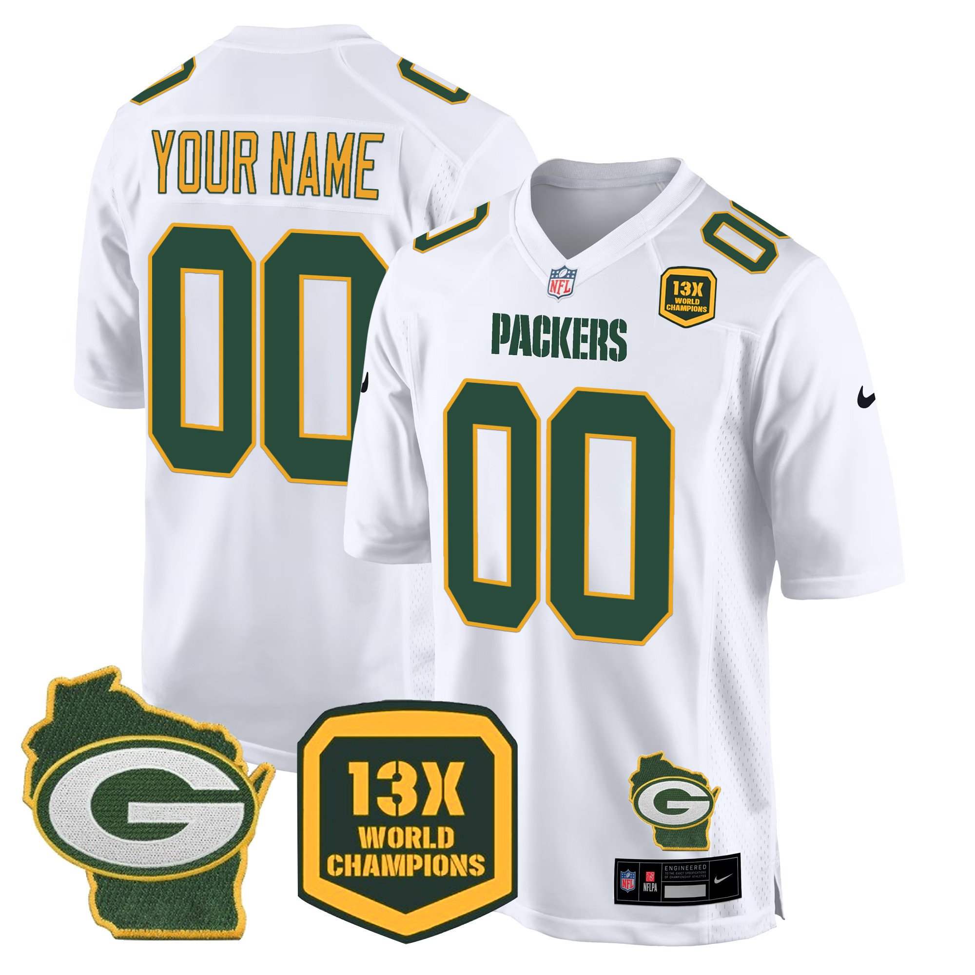 Green Bay Packers 13 Time World Champions & Home Patch Game Custom White Jersey - All Stitched 