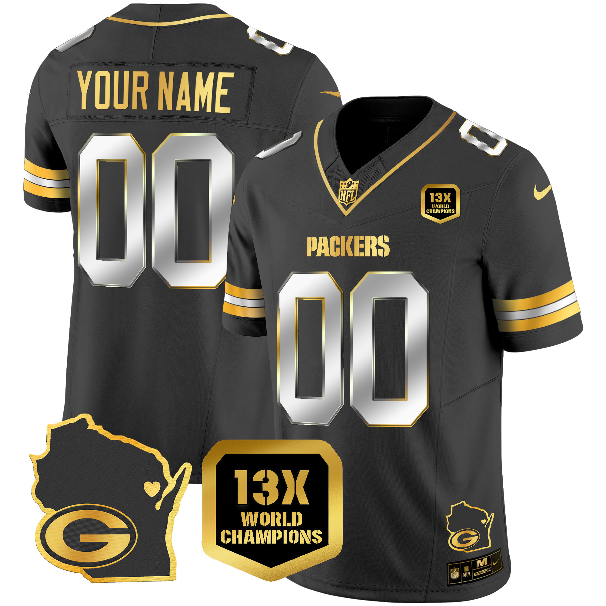 Green Bay Packers 13 Time World Champions & Home Patch Gold Vapor Black Limited Jersey - All Stitched 
