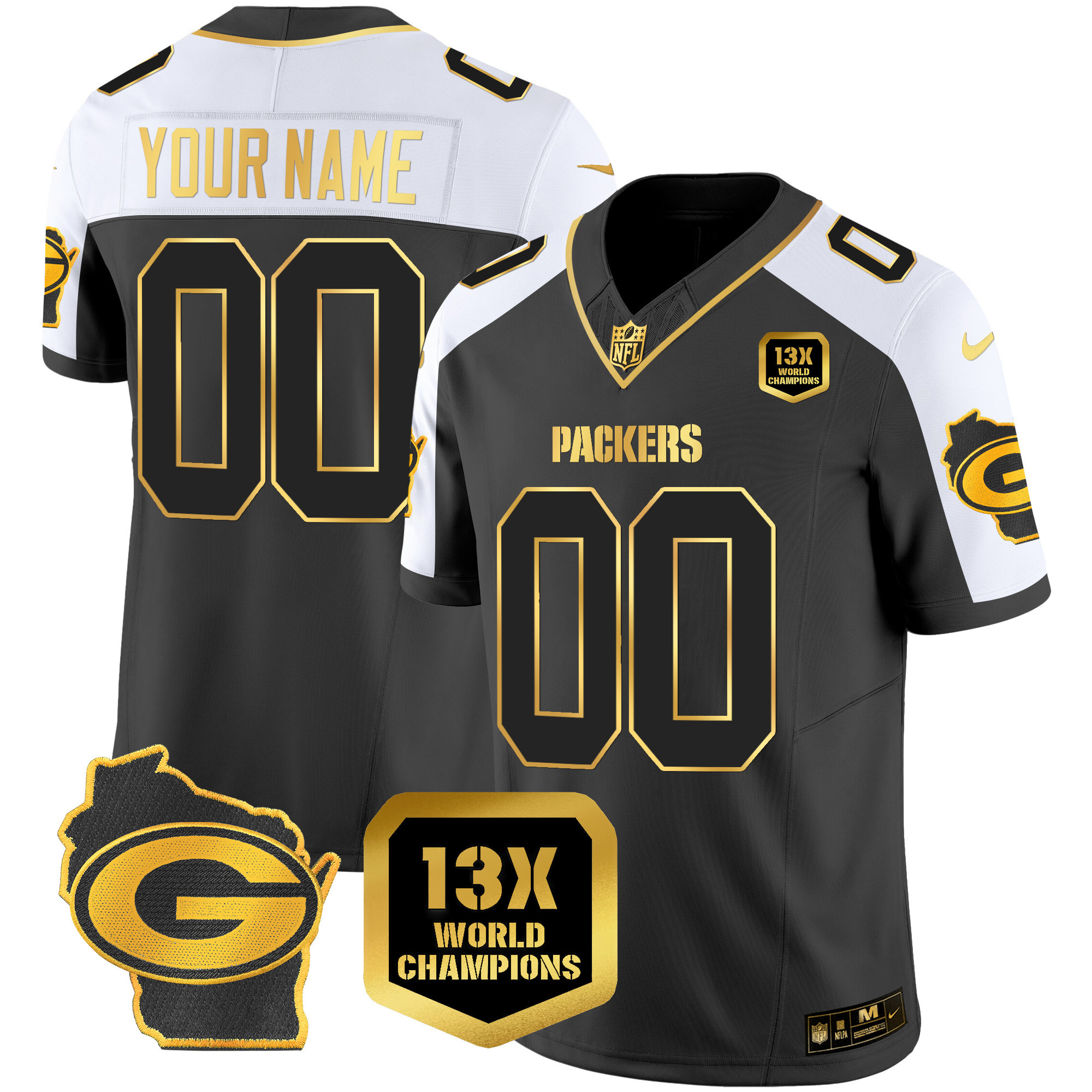 Green Bay Packers 13 Time World Champions & Home Patch Gold Vapor Custom Alternate Jersey - All Stitched 