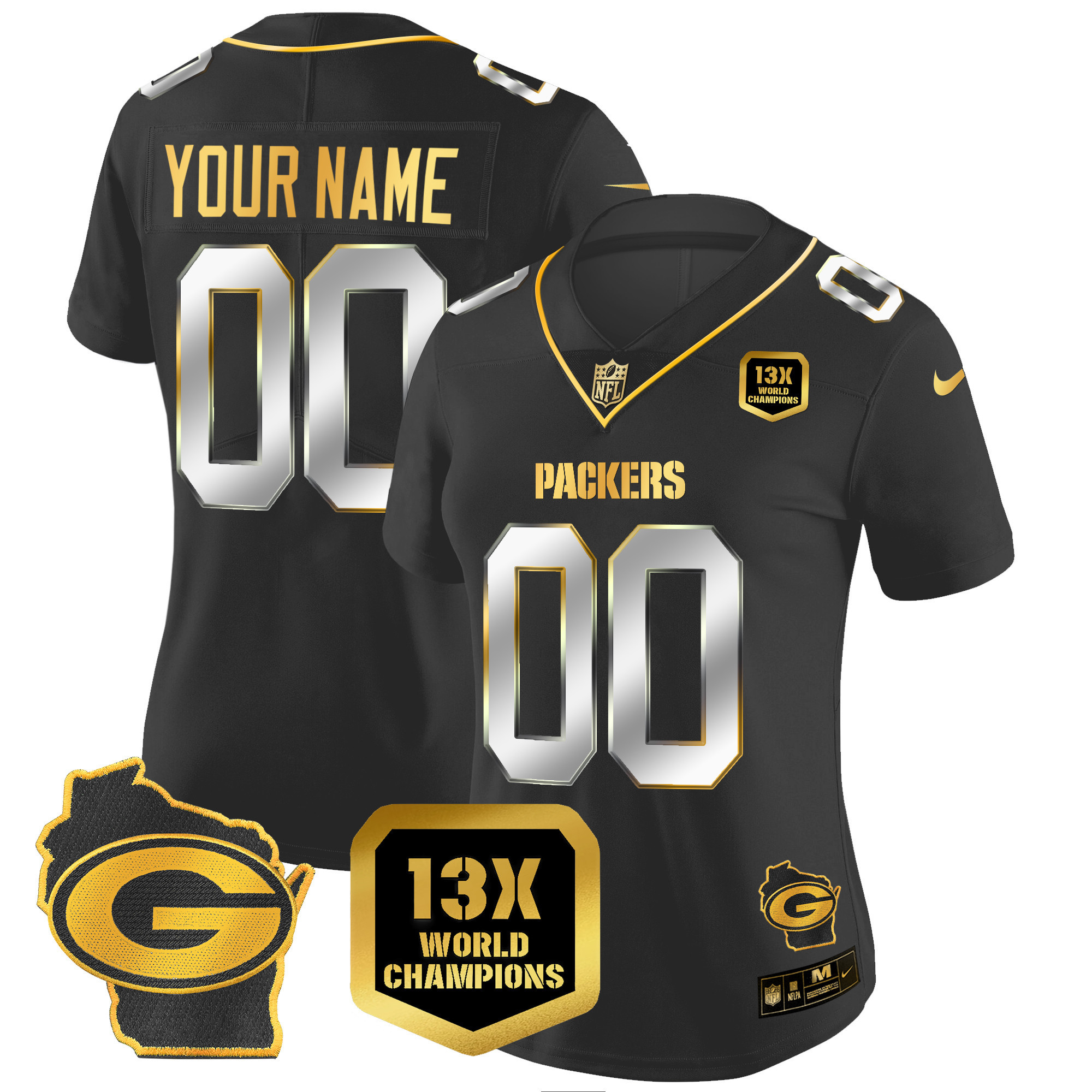 Green Bay Packers 13 Time World Champions & Home Patch Gold Vapor Custom Black Limited Jersey - All Stitched 