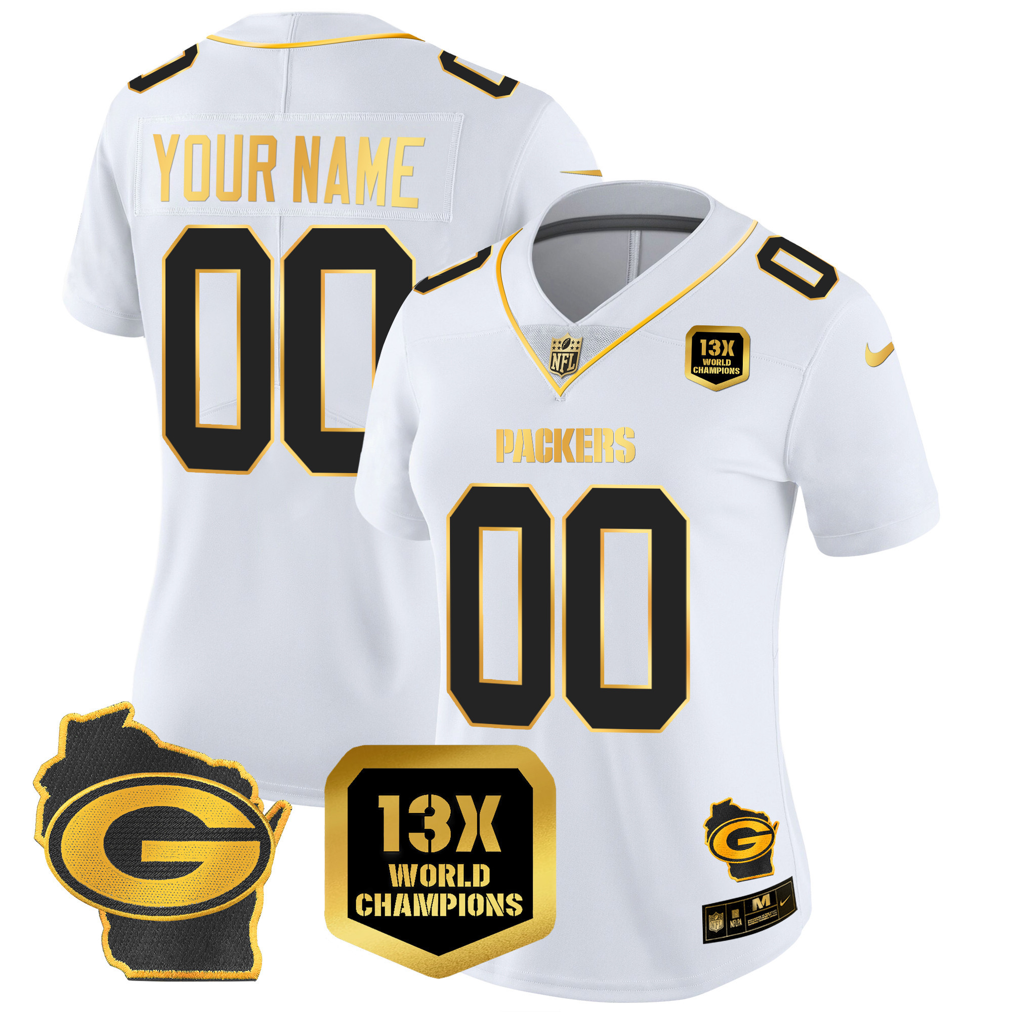 Green Bay Packers 13 Time World Champions & Home Patch Gold Vapor Custom White Gold Jersey - All Stitched 