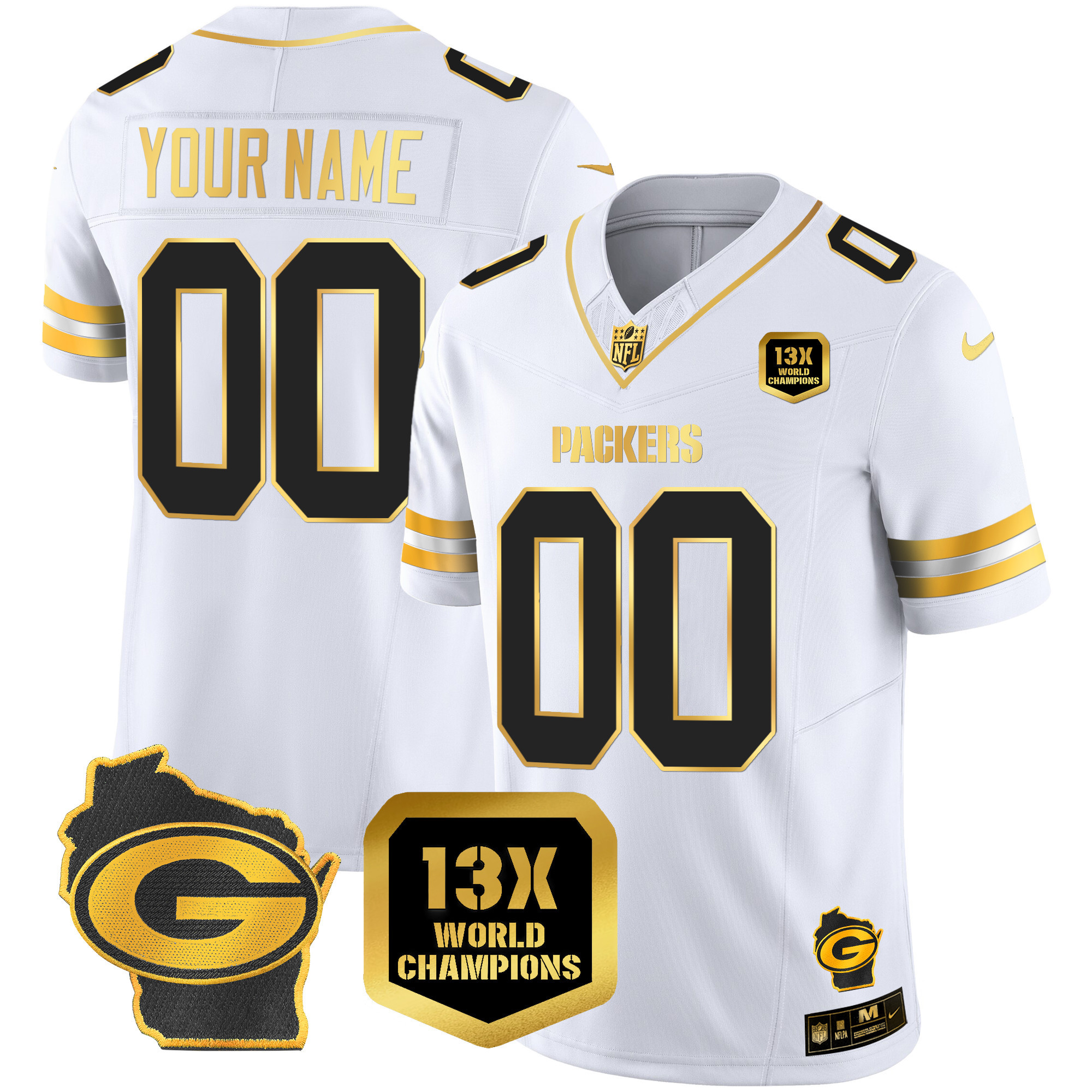 Green Bay Packers 13 Time World Champions & Home Patch Gold Vapor Custom White Gold Jersey - All Stitched 