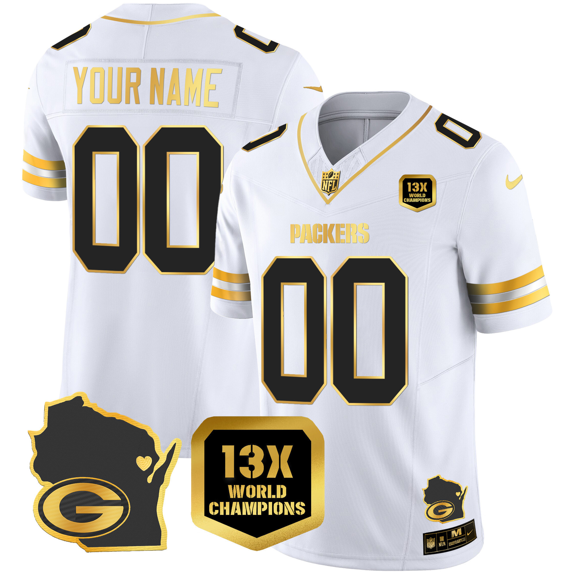 Green Bay Packers 13 Time World Champions & Home Patch Gold Vapor White Gold Jersey - All Stitched 