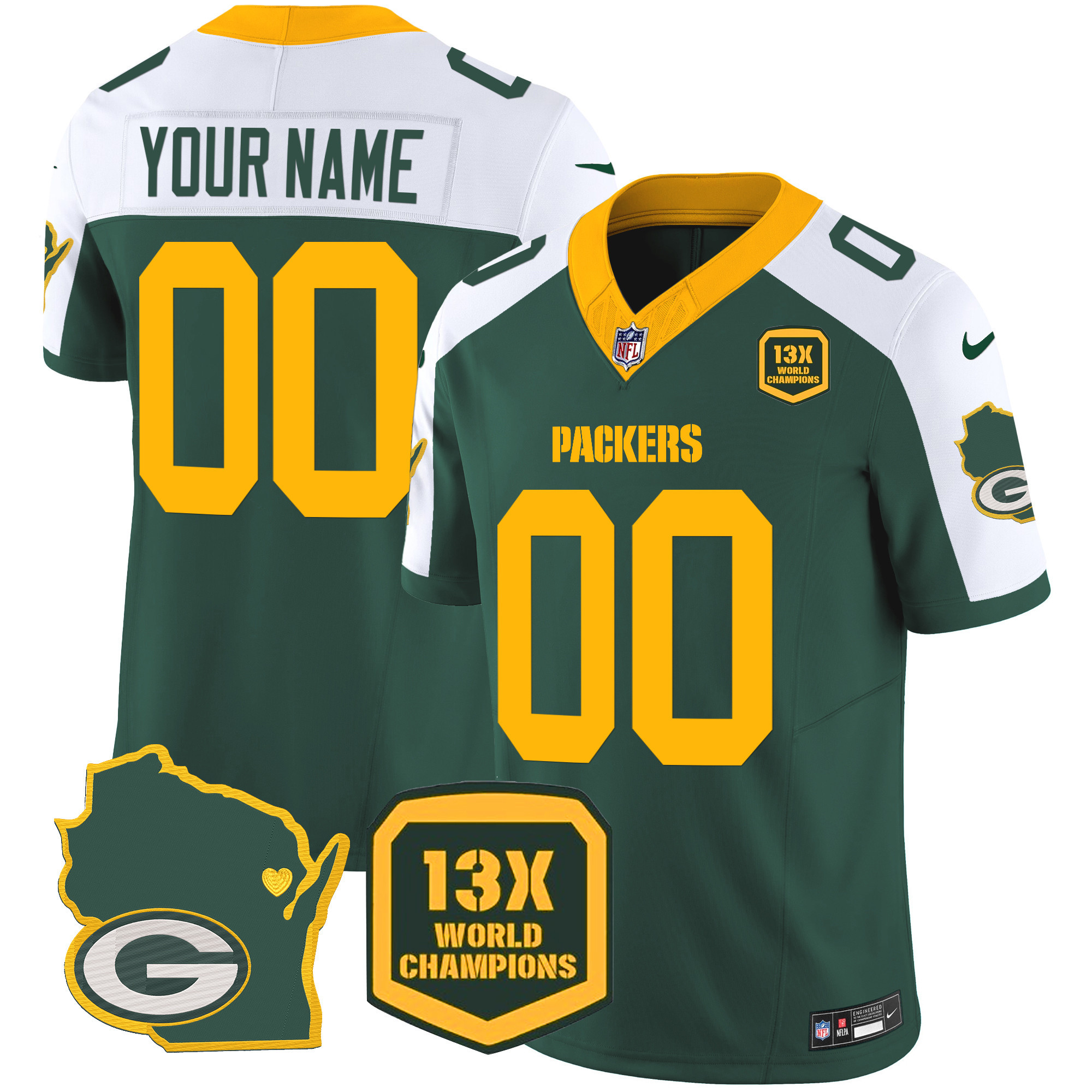 Green Bay Packers 13 Time World Champions & Home Patch Vapor Custom Alternate Jersey - All Stitched 