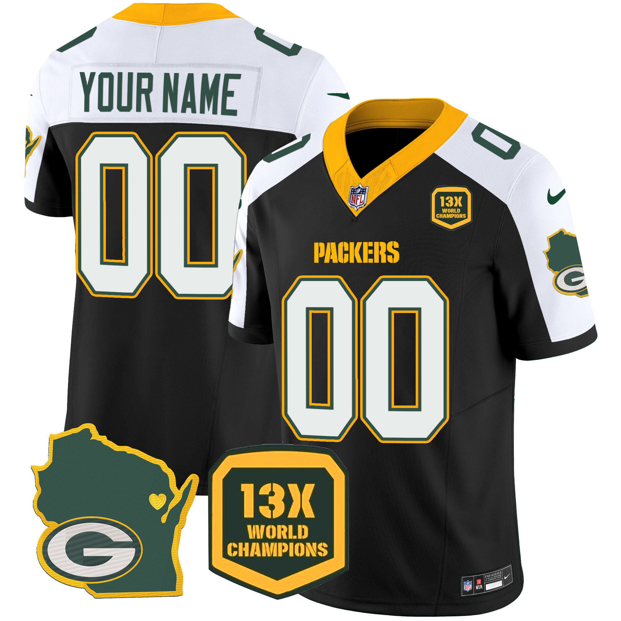 Green Bay Packers 13 Time World Champions & Home Patch Vapor Custom Black Alternate Jersey - All Stitched 