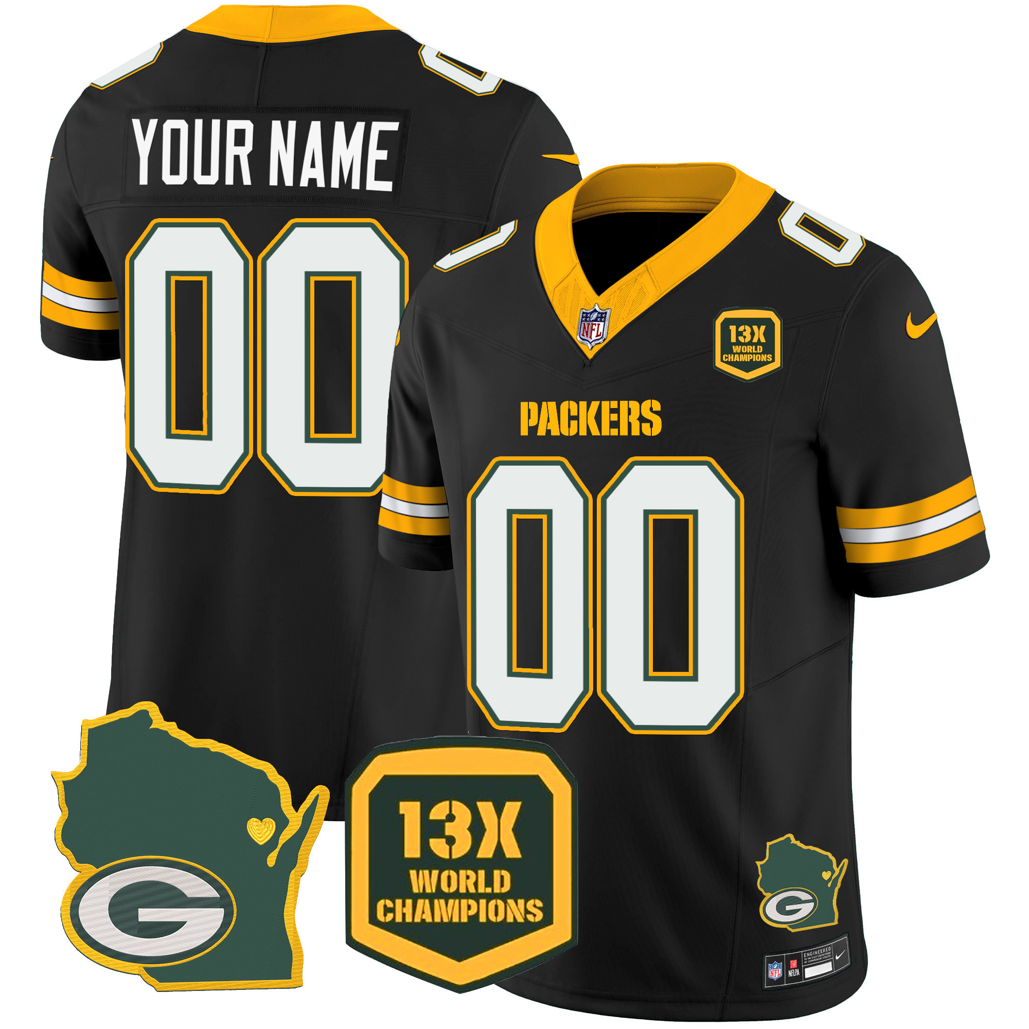 Green Bay Packers 13 Time World Champions & Home Patch Vapor Custom Black Jersey - All Stitched 