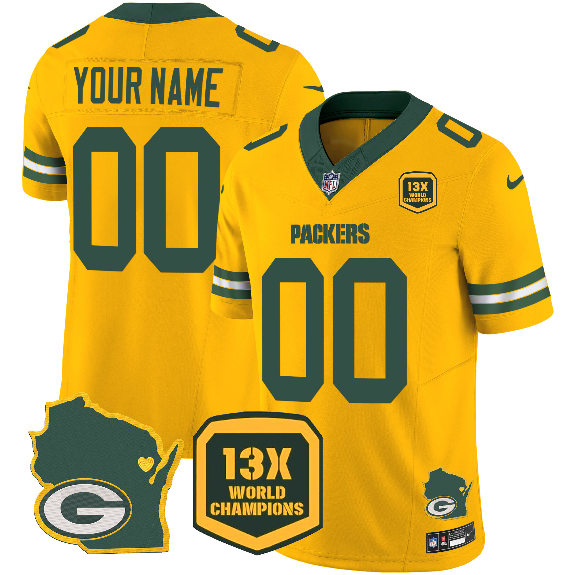 Green Bay Packers 13 Time World Champions & Home Patch Vapor Custom Gold Jersey - All Stitched 