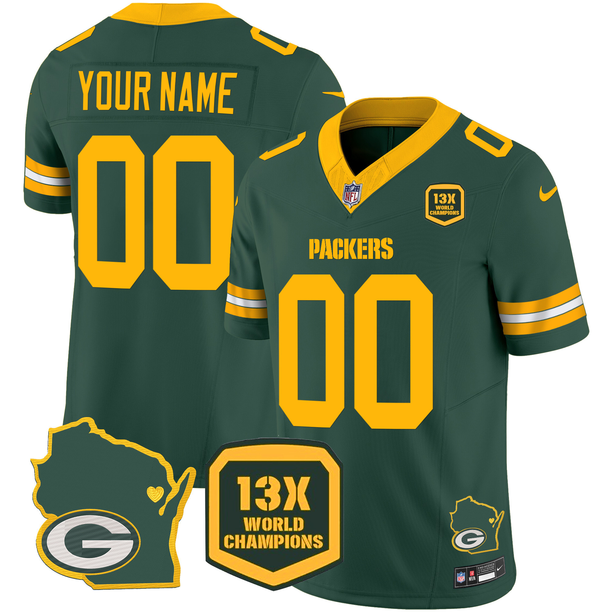 Green Bay Packers 13 Time World Champions & Home Patch Vapor Custom Green Jersey - All Stitched 