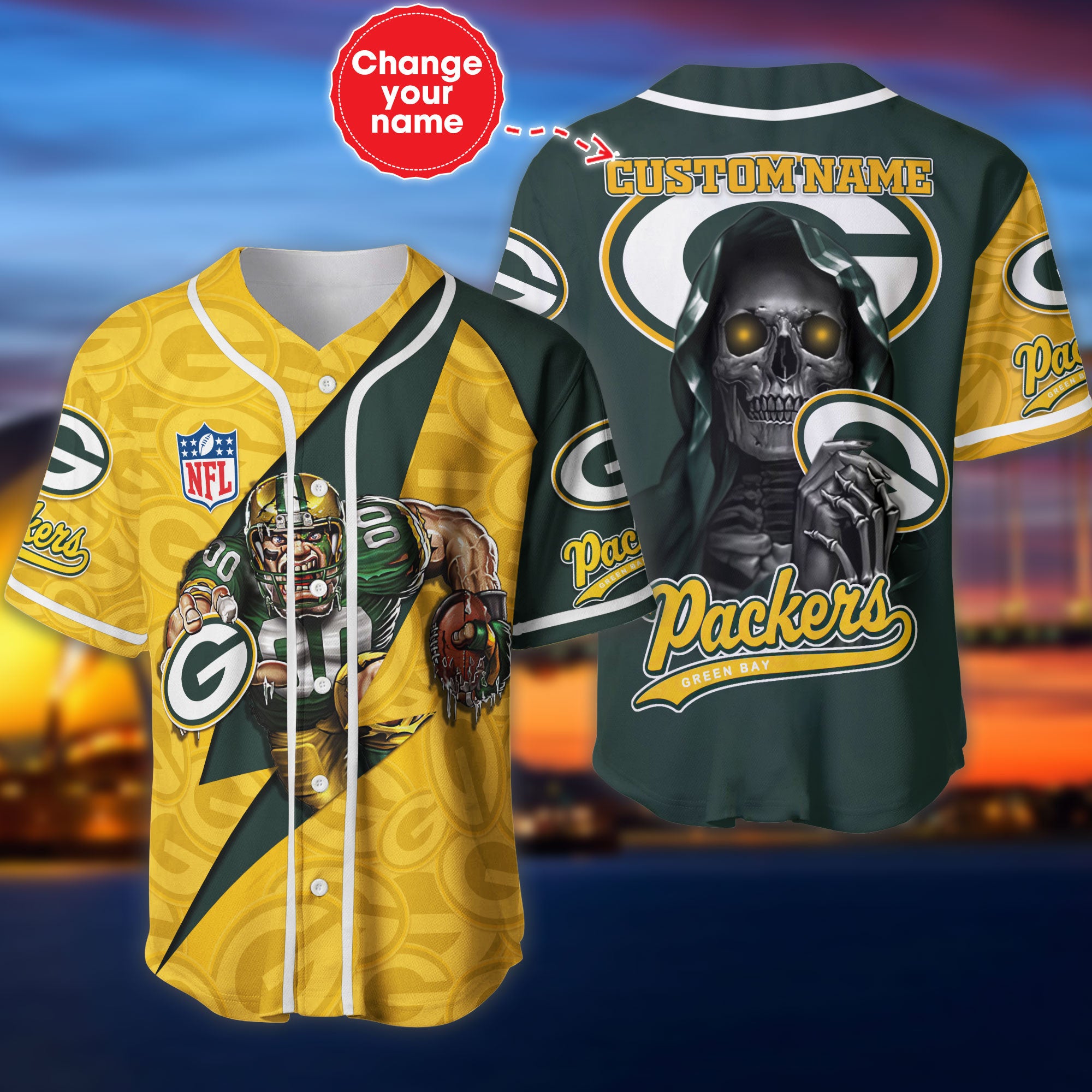 Green Bay Packers Baseball Jersey Shirt Skull Custom Name
