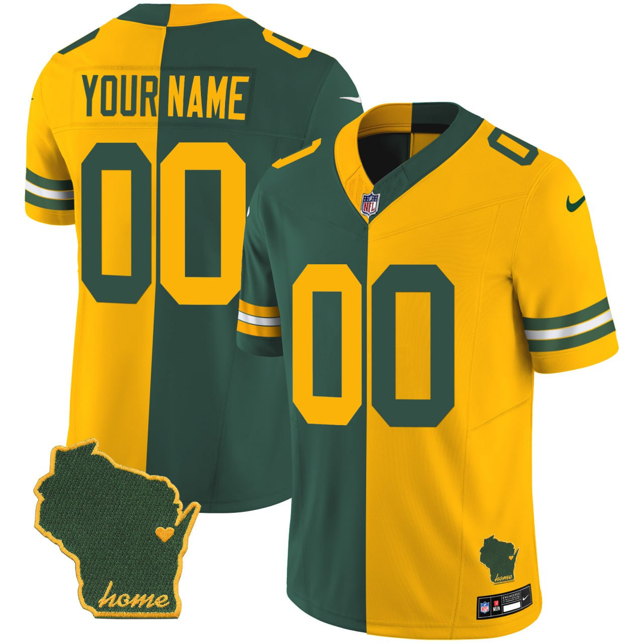 Green Bay Packers Custom Split Green Yellow Jersey - All Stitched 