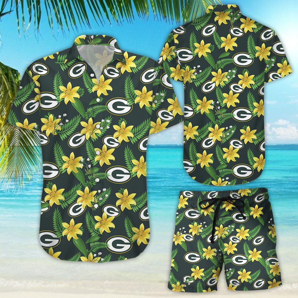 Green Bay Packers Hawaiian Shirt Floral Button Up Slim Fit Body- Nfl