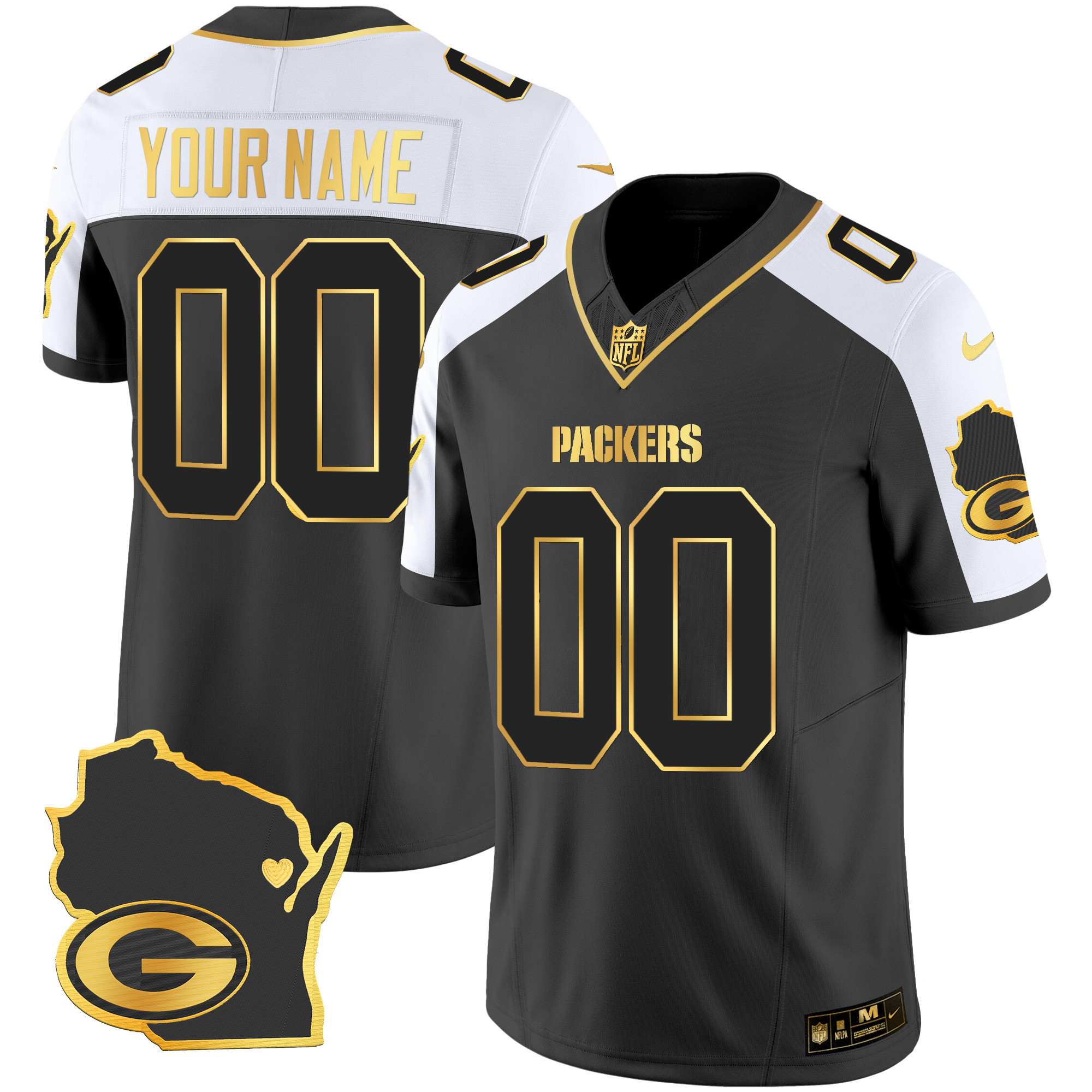 Green Bay Packers Home Patch Gold Vapor Custom Alternate Jersey - All Stitched 