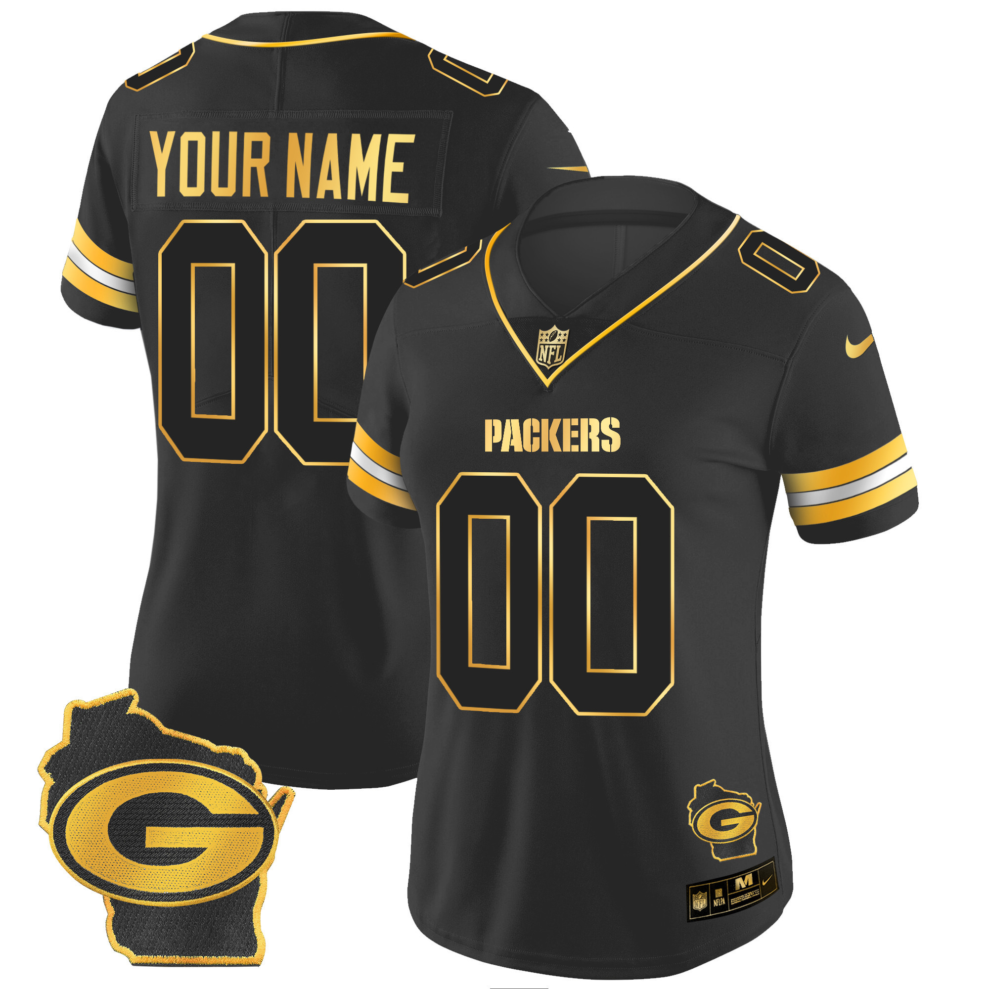 Green Bay Packers Home Patch Gold Vapor Custom Black Gold Jersey - All Stitched 
