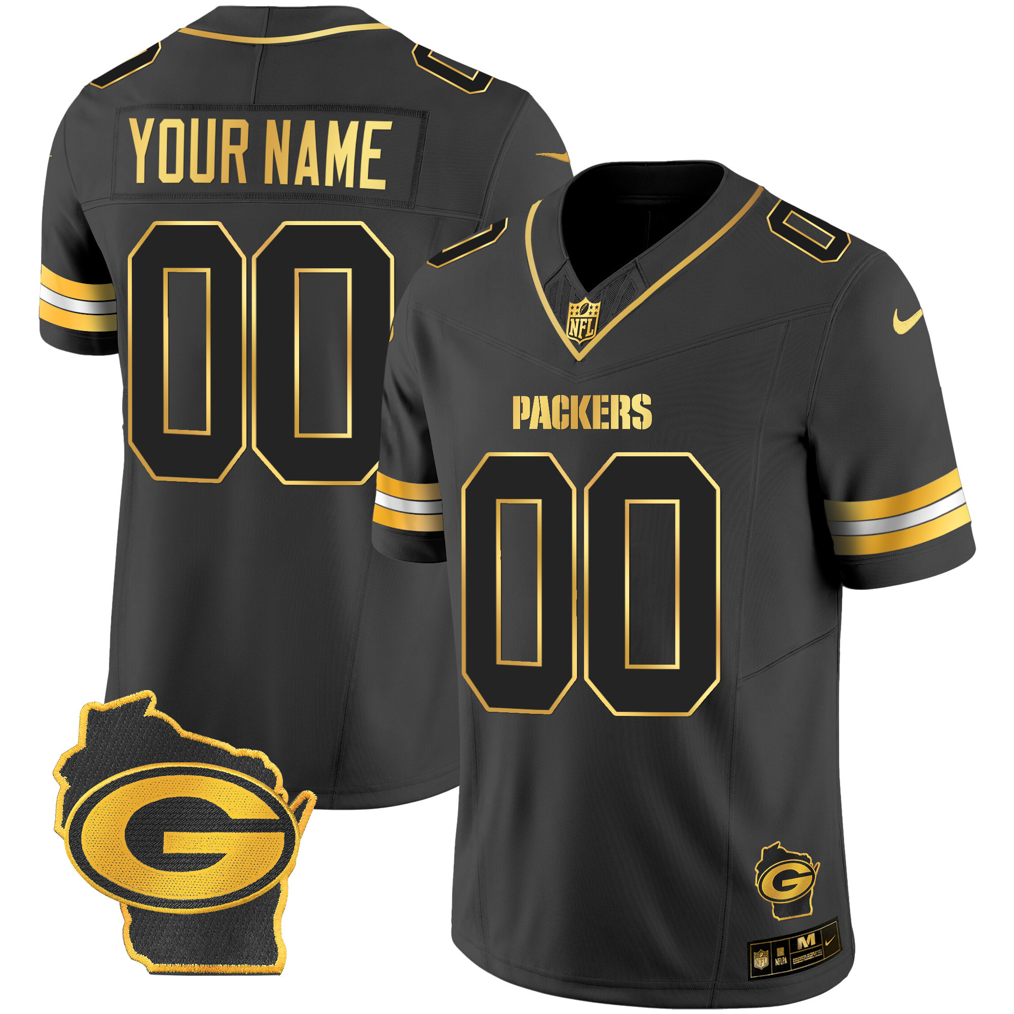 Green Bay Packers Home Patch Gold Vapor Custom Black Gold Jersey - All Stitched 