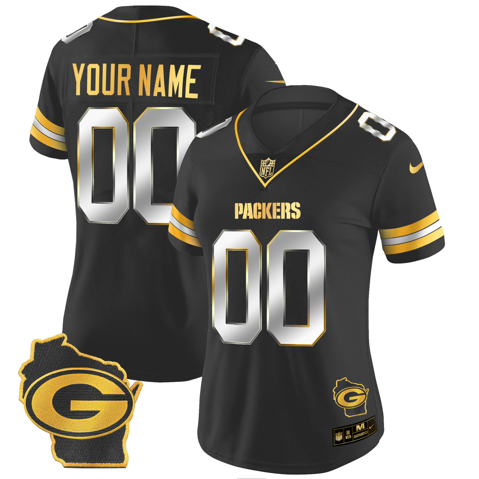 Green Bay Packers Home Patch Gold Vapor Custom Black Limited Jersey - All Stitched 