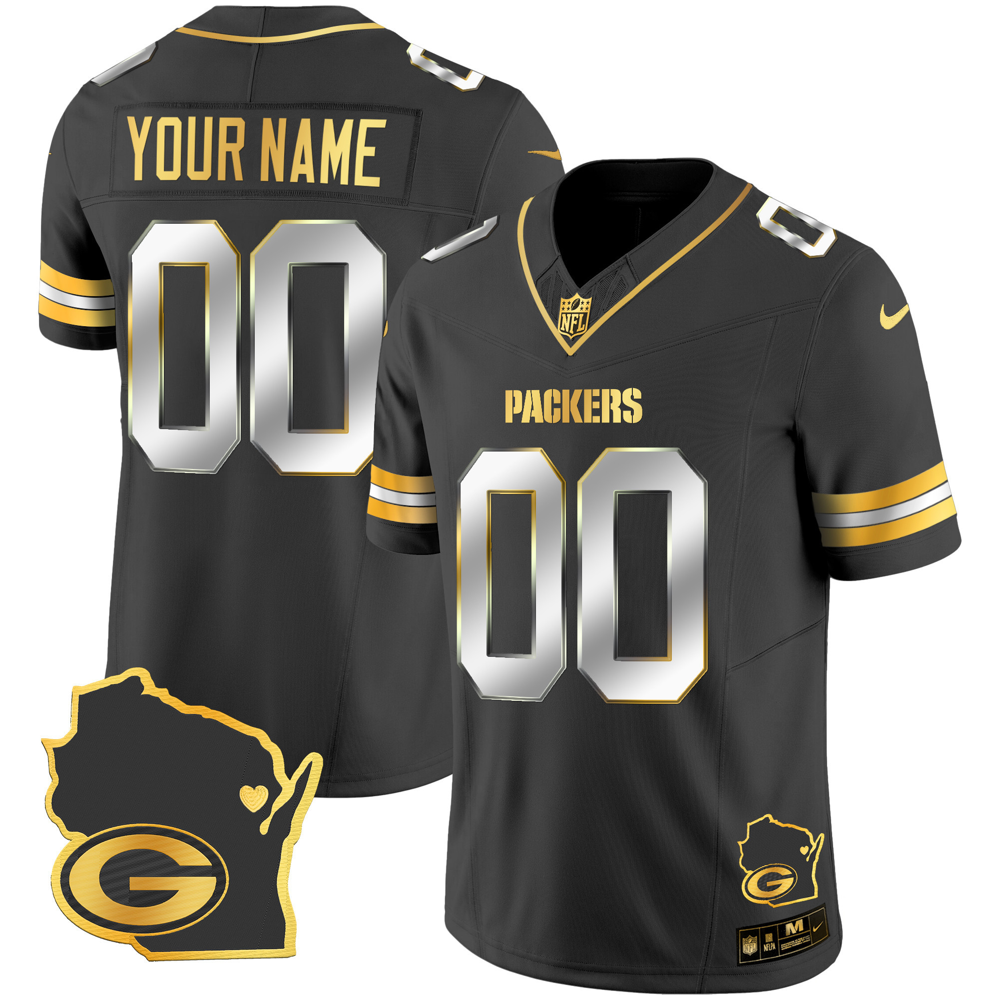Green Bay Packers Home Patch Gold Vapor Custom Black Limited Jersey - All Stitched 