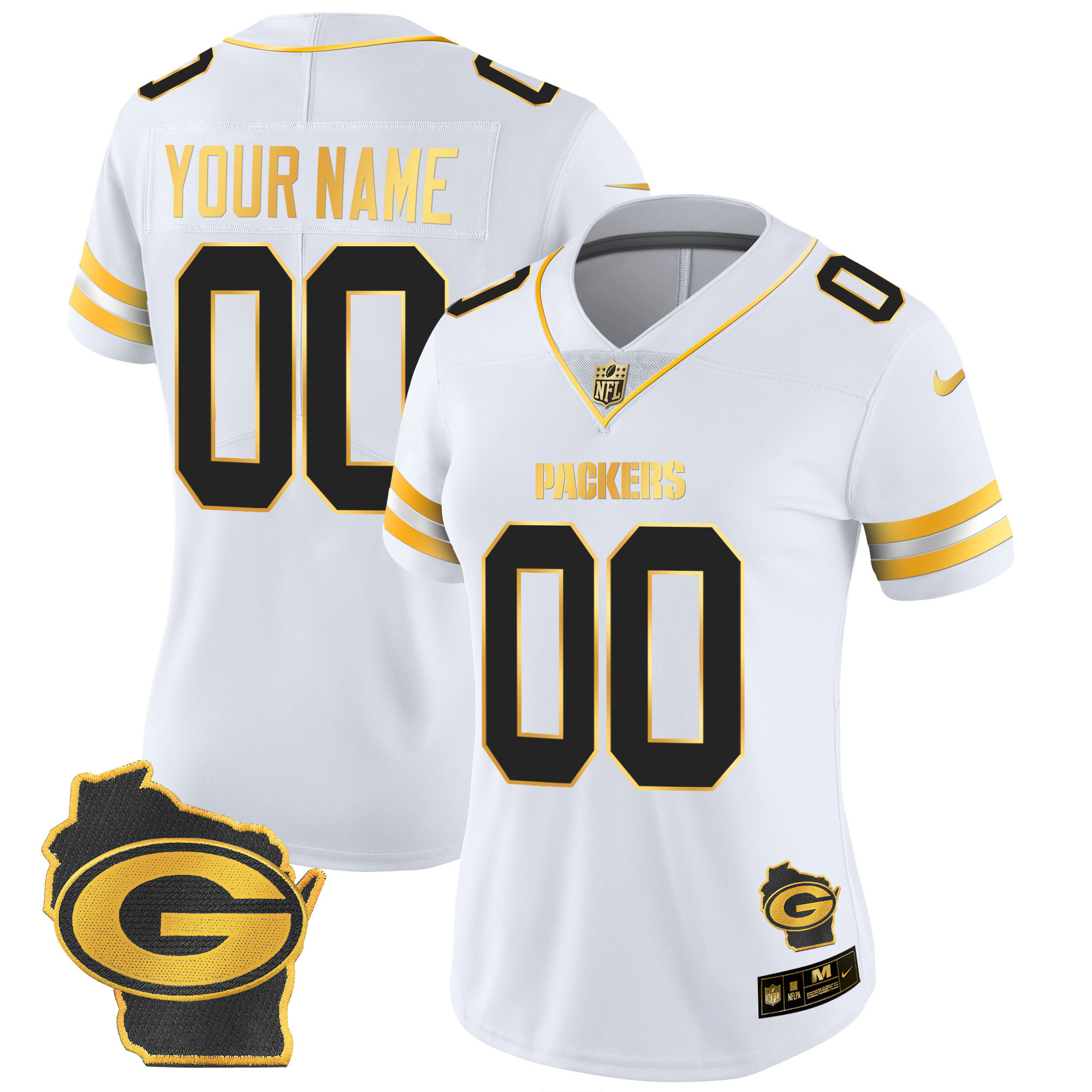 Green Bay Packers Home Patch Gold Vapor Custom White Gold Jersey - All Stitched 