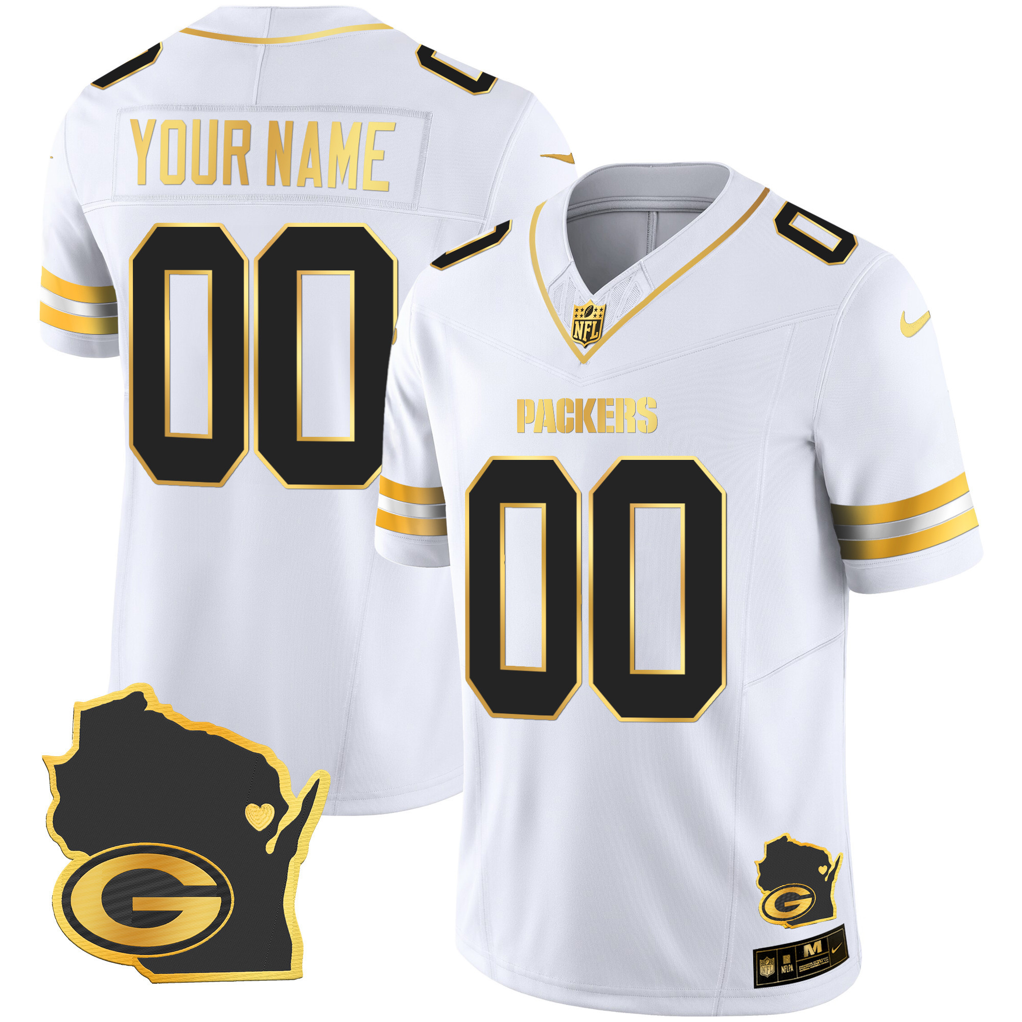Green Bay Packers Home Patch Gold Vapor Custom White Gold Jersey - All Stitched 