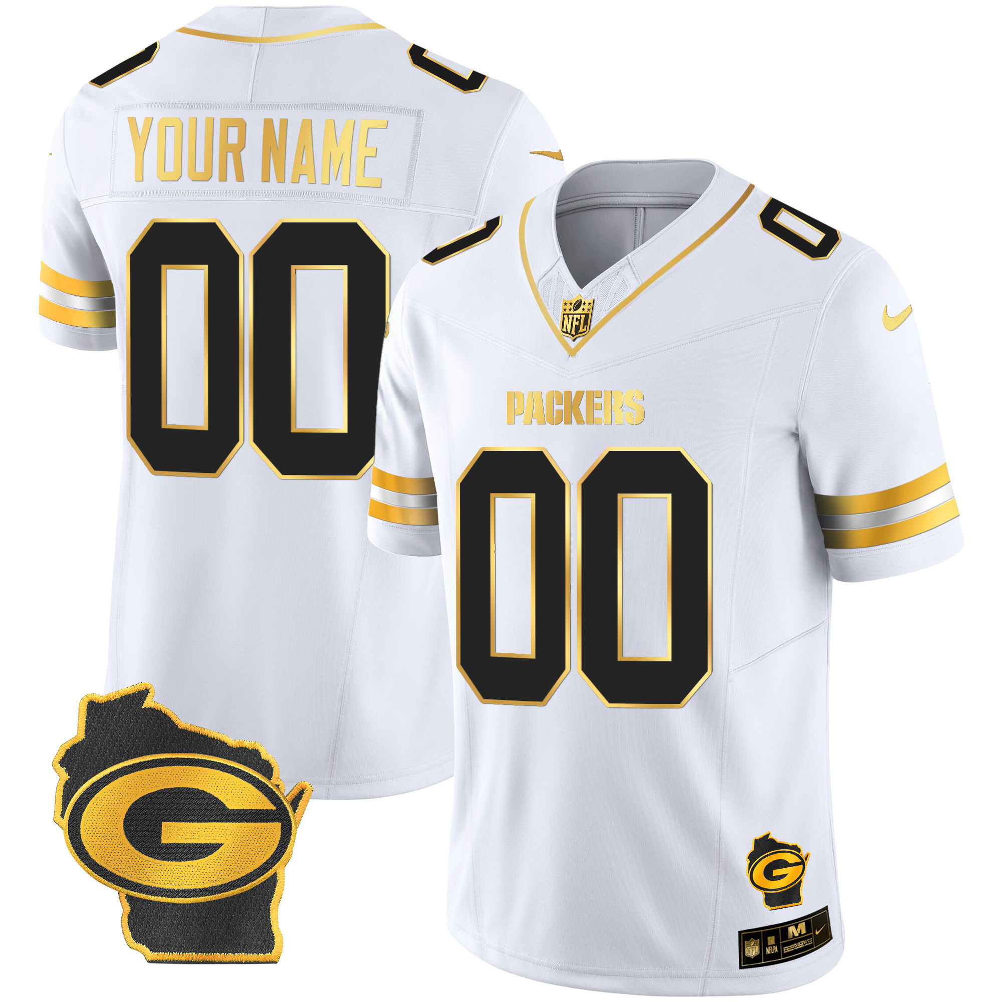 Green Bay Packers Home Patch Gold Vapor Custom White Gold Jersey - All Stitched 