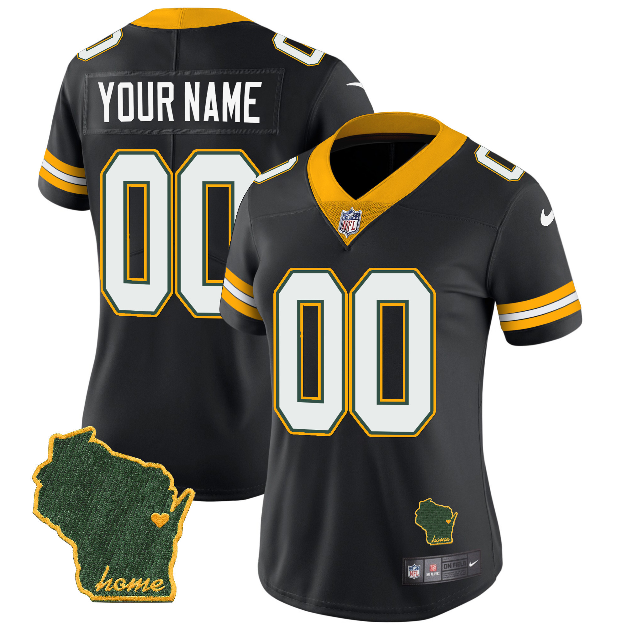 Green Bay Packers Home Patch Vapor Custom Black Jersey - All Stitched 