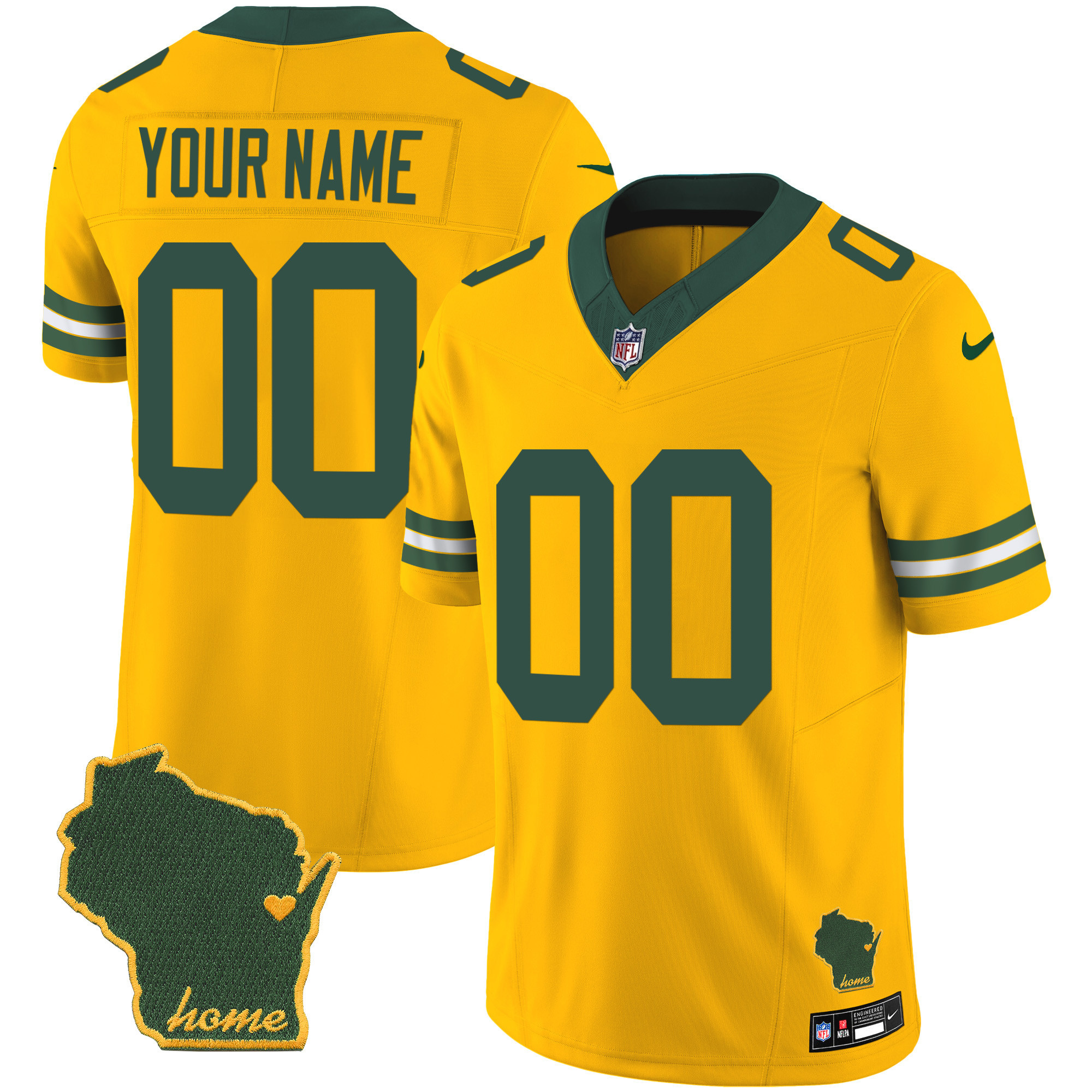 Green Bay Packers Home Patch Vapor Custom Gold Jersey - All Stitched 