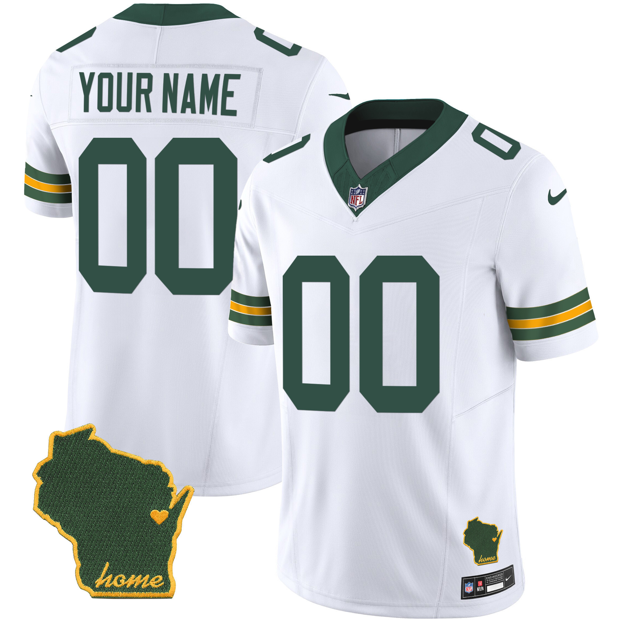 Green Bay Packers Home Patch Vapor Custom White Jersey - All Stitched 