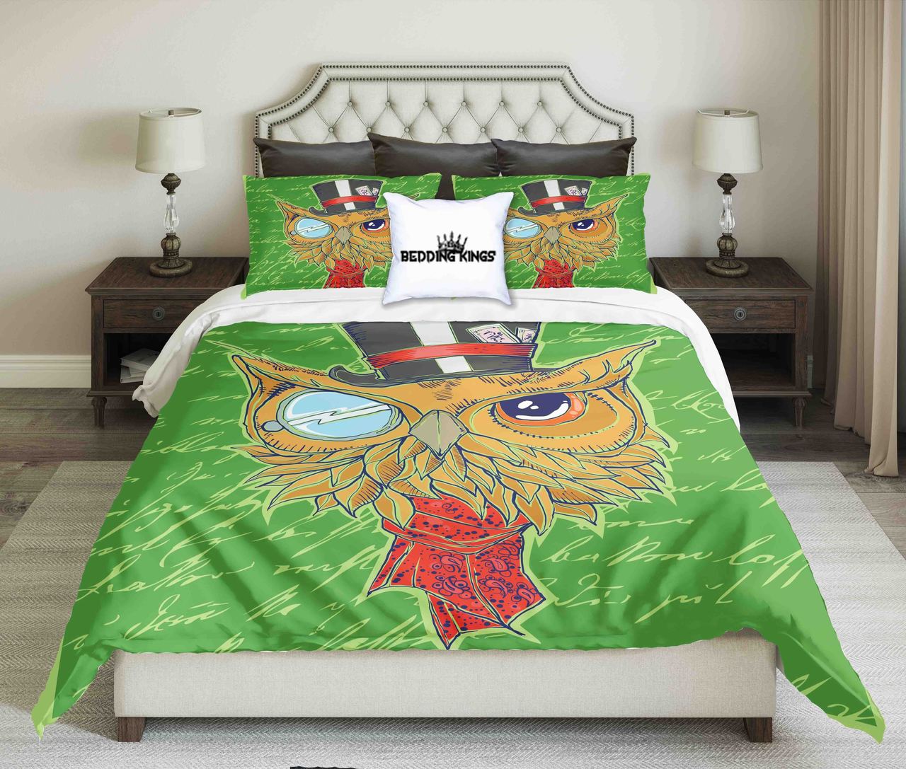 Green Mythical Owl Kings 3D Customized Duvet Cover Bedding Set