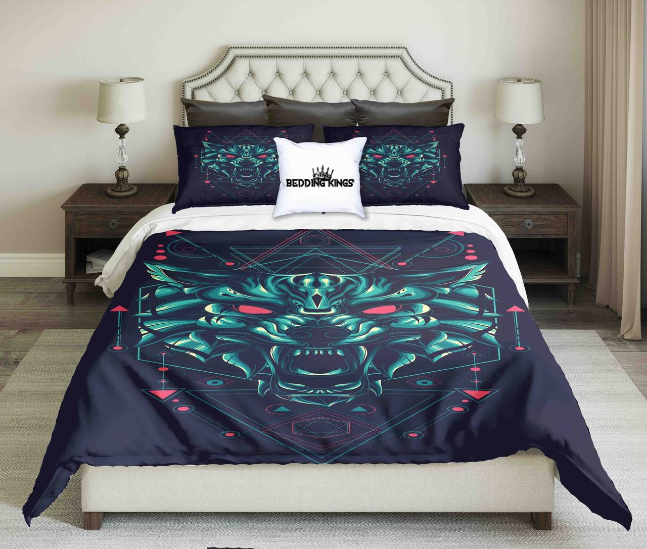 Green Werewolf In Geometric Pattern Black Background Design Kings 3D Customized Duvet Cover Bedding Set