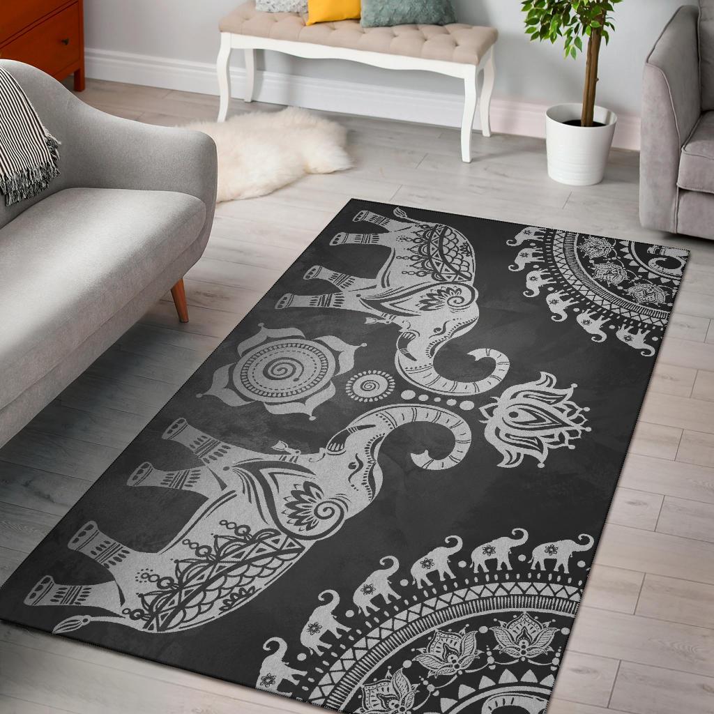 Grey Mandala Elephant Area Rectangle Rug