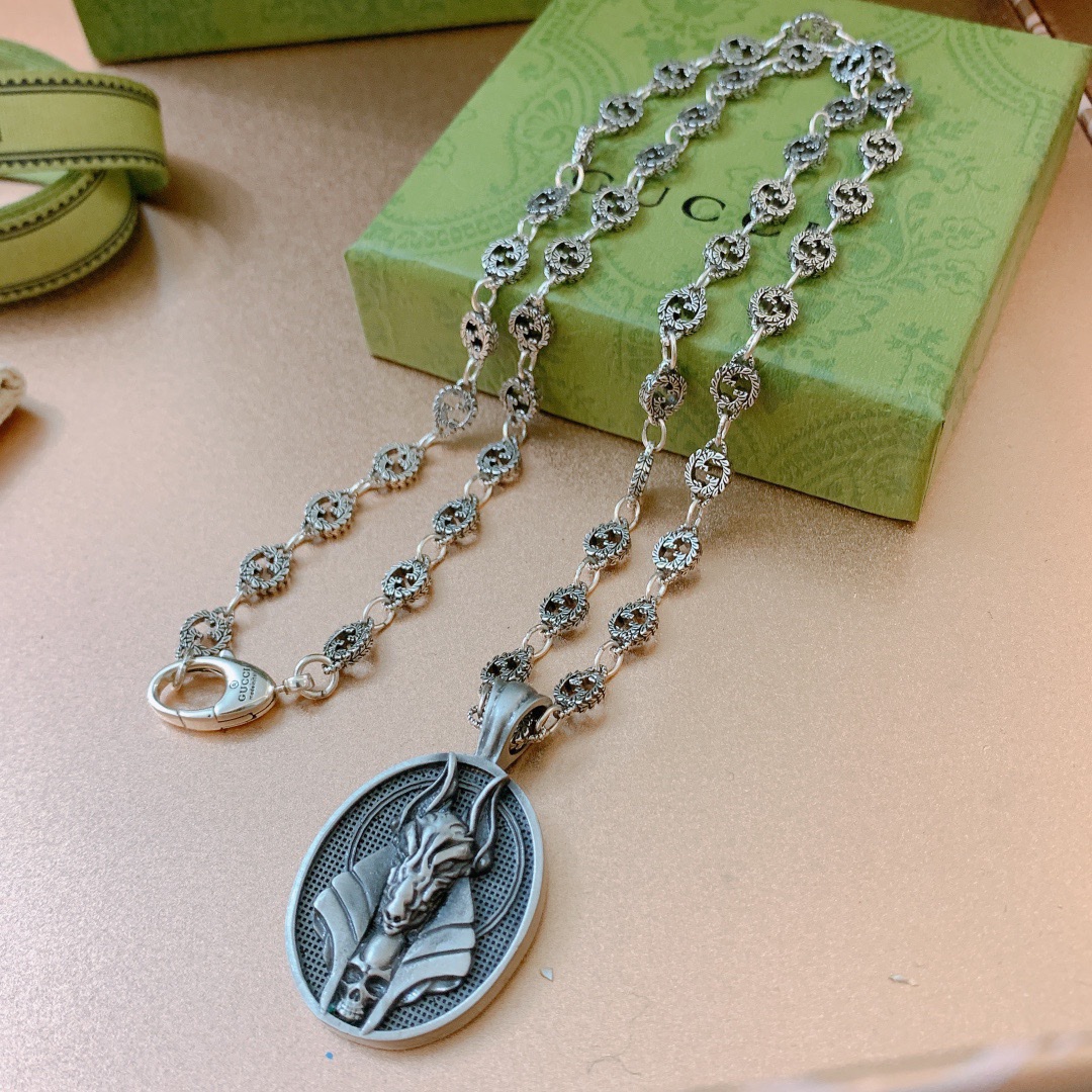 Gucci Anubis Deity Necklace Silver Tone For Women