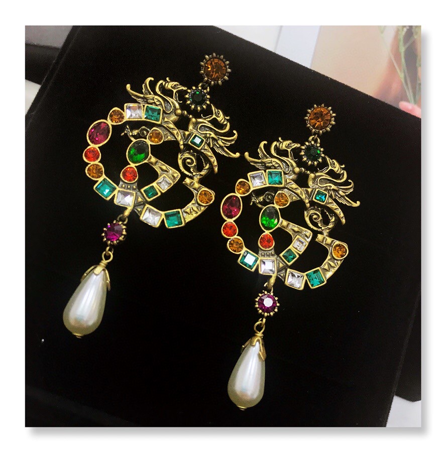 Gucci Attach Sparkling Stone Multicolor Earrings Gold Tone For Women
