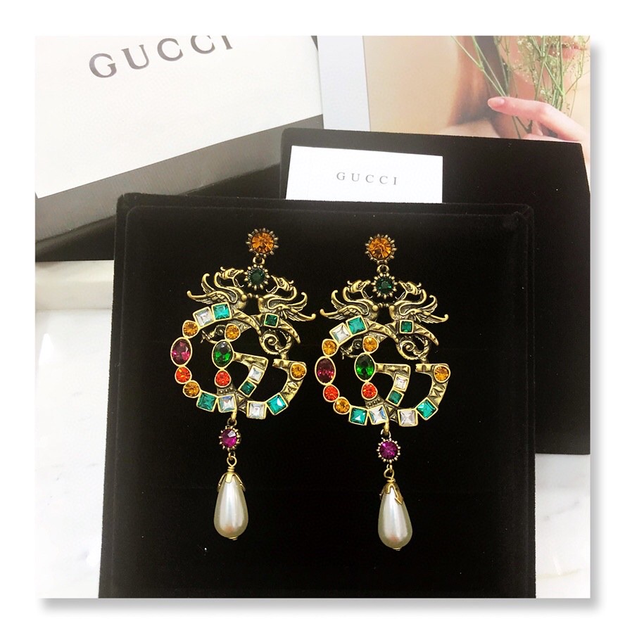 Gucci Attach Sparkling Stone Multicolor Earrings Gold Tone For Women