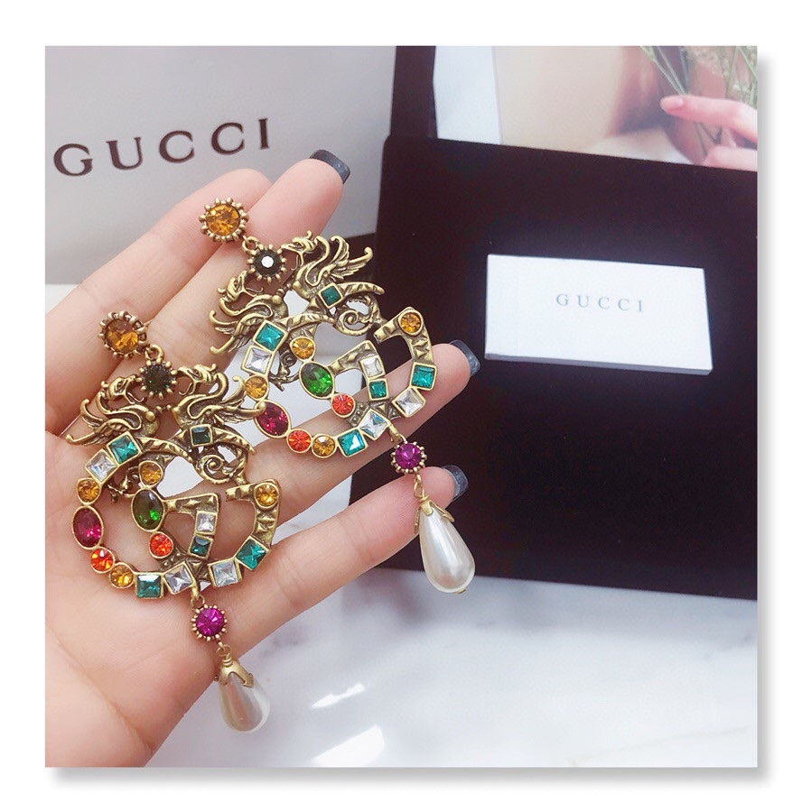 Gucci Attach Sparkling Stone Multicolor Earrings Gold Tone For Women