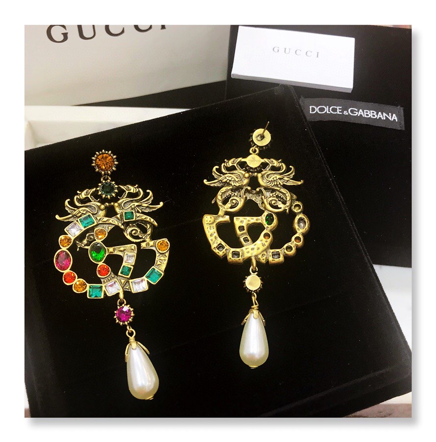 Gucci Attach Sparkling Stone Multicolor Earrings Gold Tone For Women