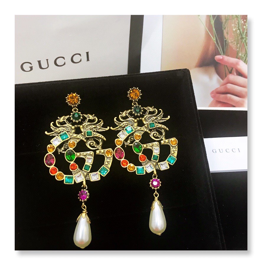 Gucci Attach Sparkling Stone Multicolor Earrings Gold Tone For Women