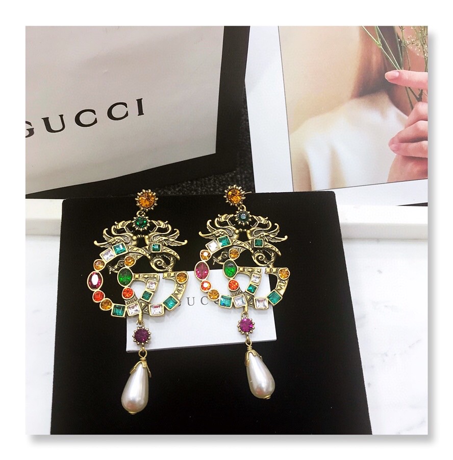 Gucci Attach Sparkling Stone Multicolor Earrings Gold Tone For Women
