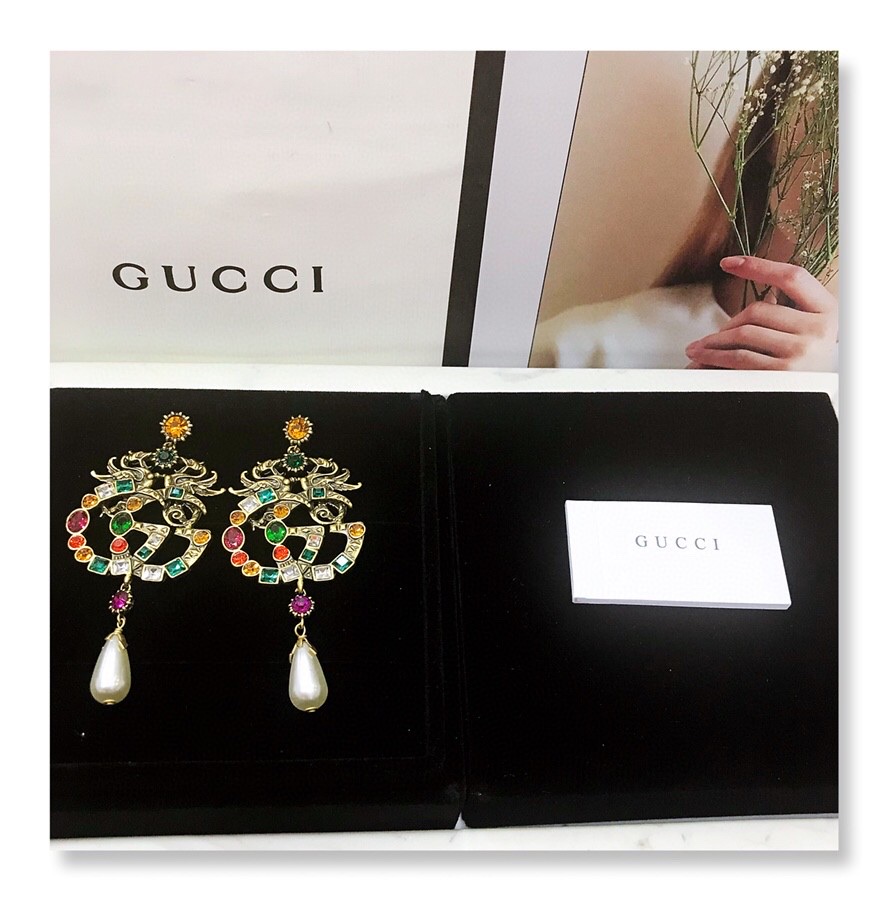 Gucci Attach Sparkling Stone Multicolor Earrings Gold Tone For Women