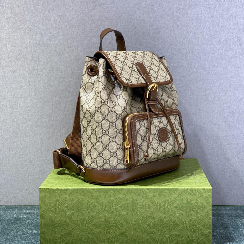 Gucci Backpack With Interlocking G Beige And Ebony GG Supreme Canvas Brown 11.8in/30cm GG 674147 92THG 8563