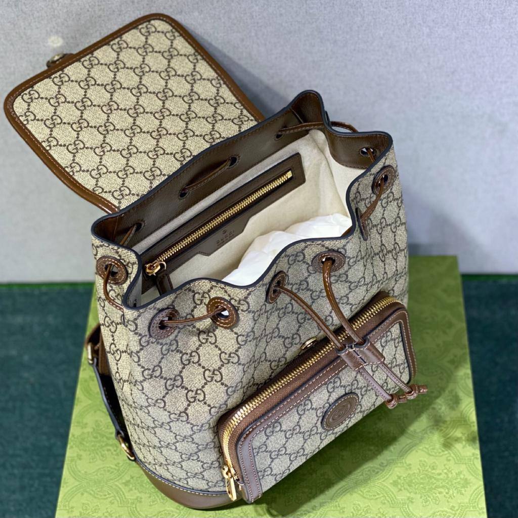 Gucci Backpack With Interlocking G Beige And Ebony GG Supreme Canvas Brown 11.8in/30cm GG 674147 92THG 8563