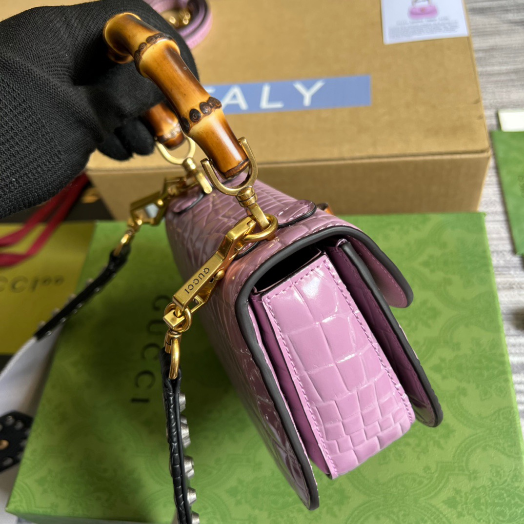 Gucci Bamboo 1947 Crocodile Mini Top Handle Bag Pink For Women, Women’s Bags 6.7in/17cm GG