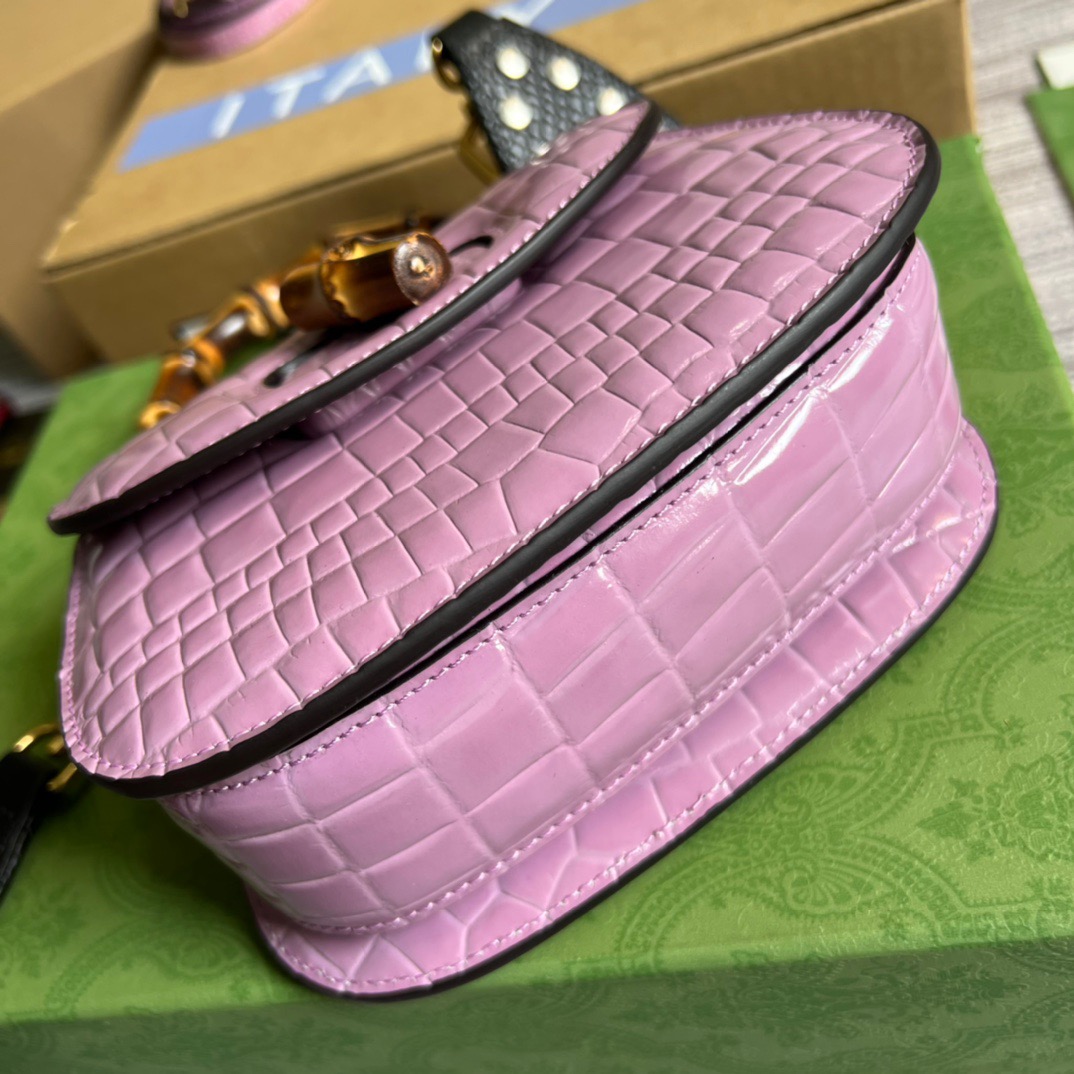 Gucci Bamboo 1947 Crocodile Mini Top Handle Bag Pink For Women, Women’s Bags 6.7in/17cm GG