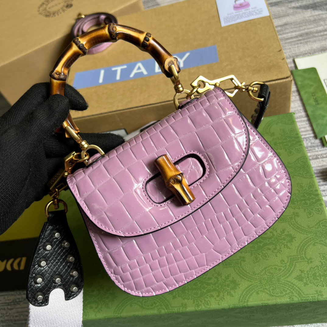 Gucci Bamboo 1947 Crocodile Mini Top Handle Bag Pink For Women, Women’s Bags 6.7in/17cm GG