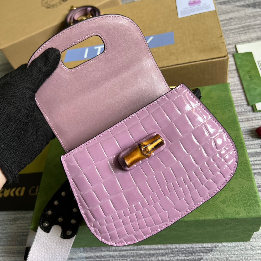 Gucci Bamboo 1947 Crocodile Mini Top Handle Bag Pink For Women, Women’s Bags 6.7in/17cm GG