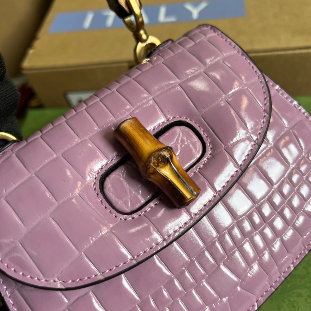 Gucci Bamboo 1947 Crocodile Mini Top Handle Bag Pink For Women, Women’s Bags 6.7in/17cm GG