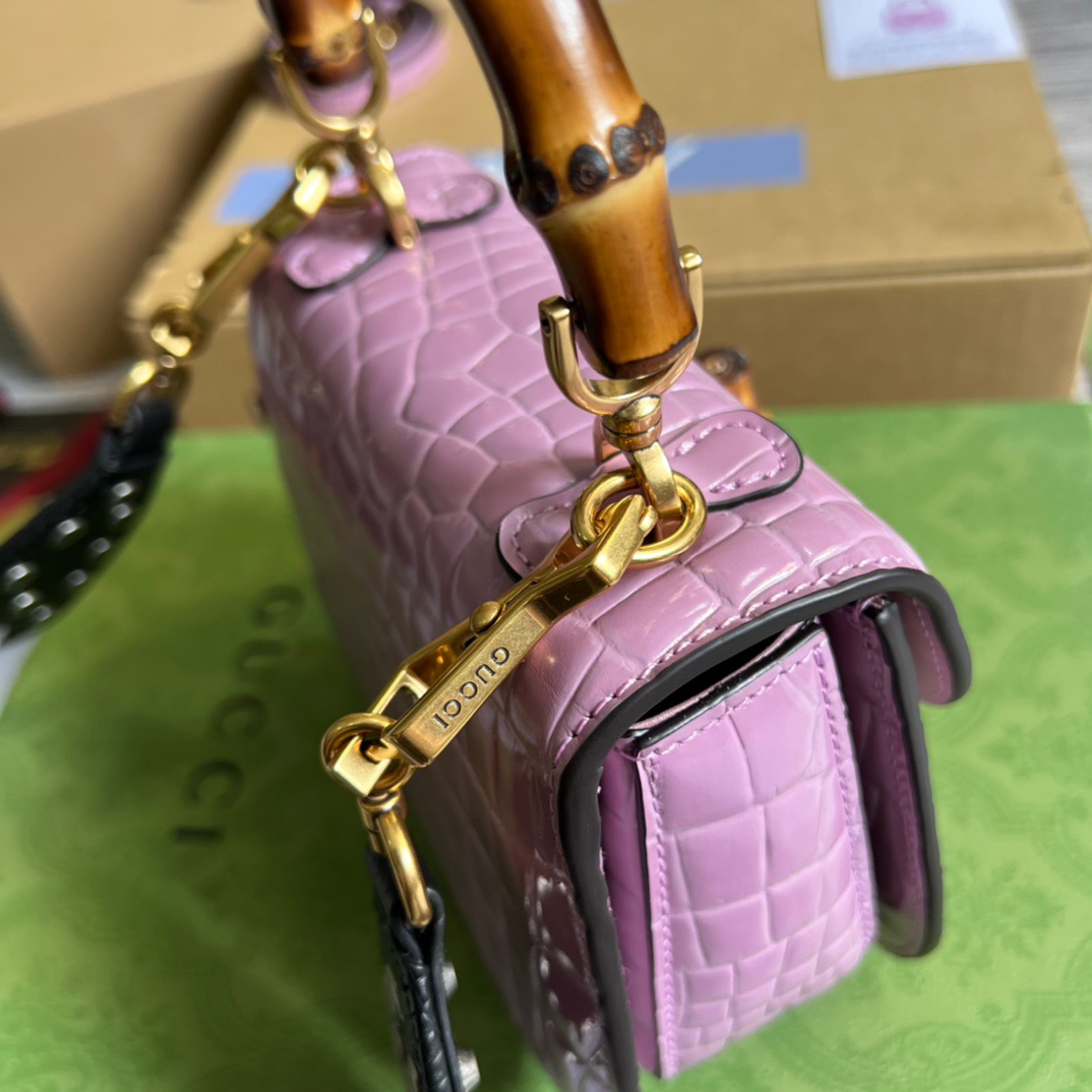 Gucci Bamboo 1947 Crocodile Mini Top Handle Bag Pink For Women, Women’s Bags 6.7in/17cm GG