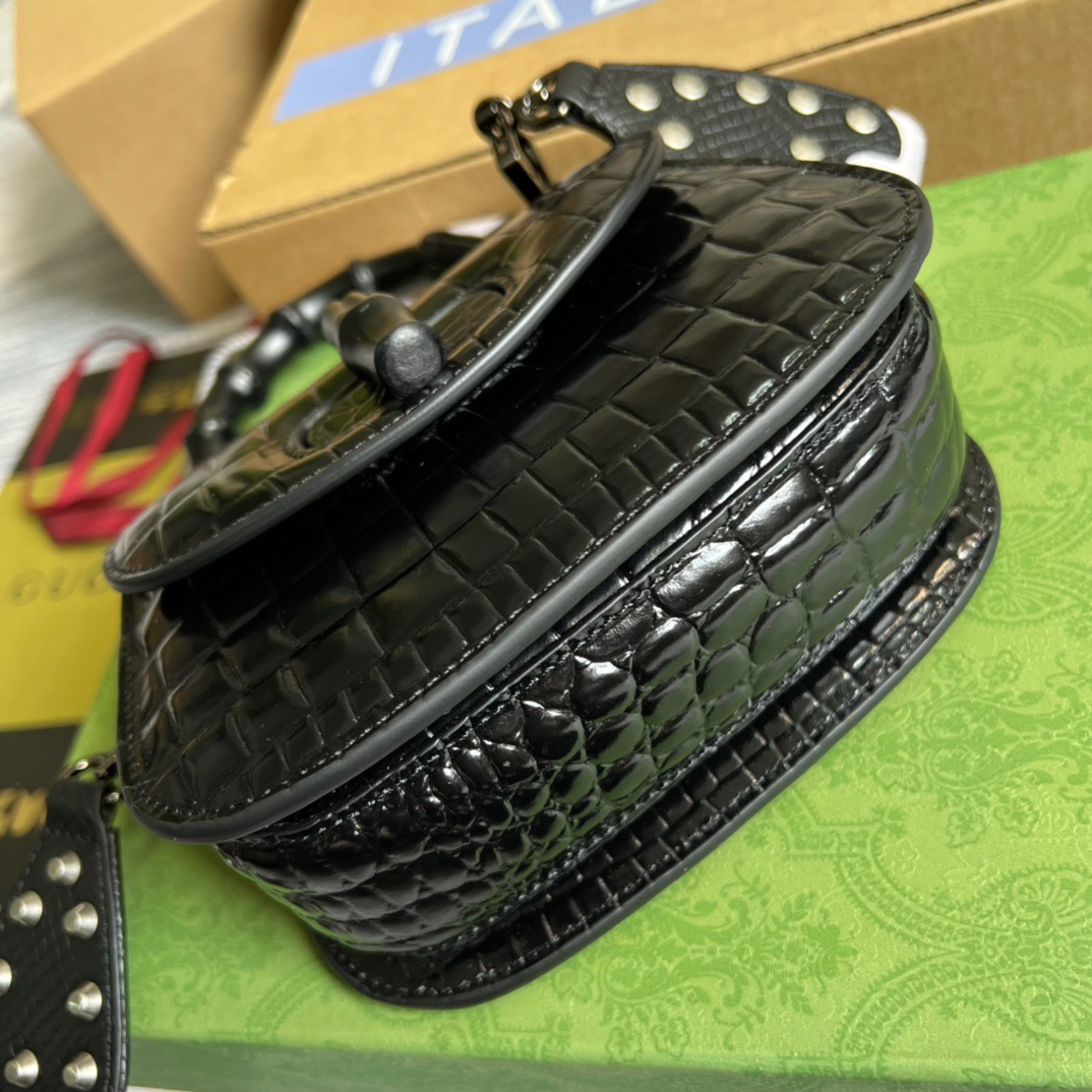 Gucci Bamboo 1947 Crocodile Mini Top Handle Blac Red For Women, Women’s Bags 6.7in/17cm GG
