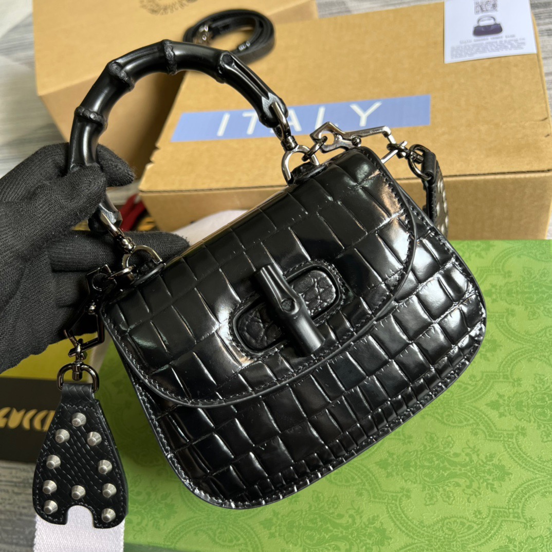 Gucci Bamboo 1947 Crocodile Mini Top Handle Blac Red For Women, Women’s Bags 6.7in/17cm GG